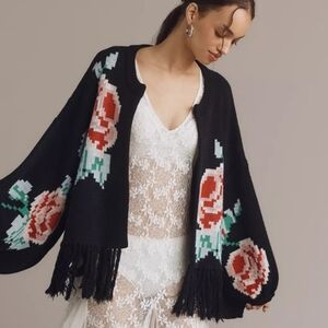 Black Floral Fringe Open-Front Cardigan